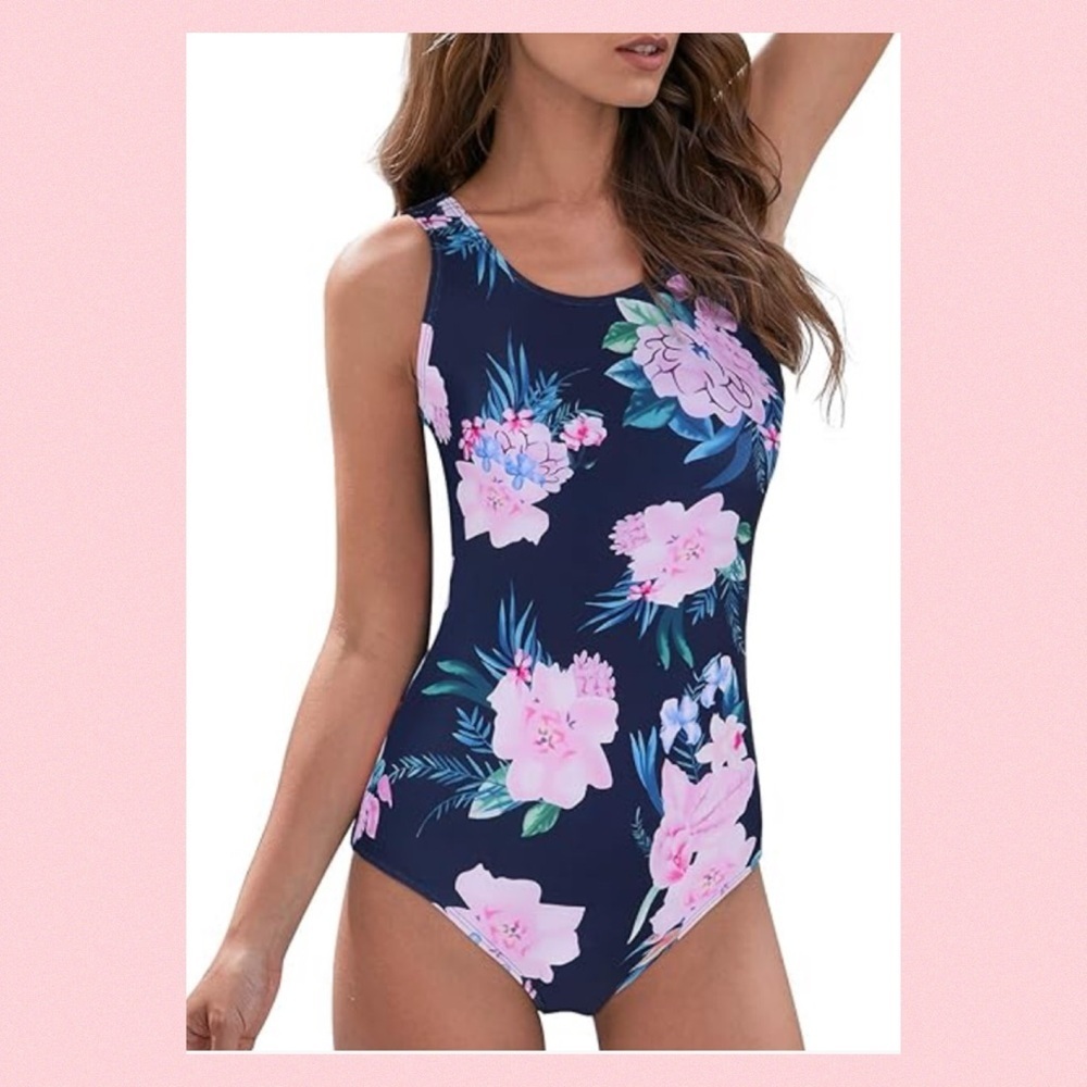 Blue with beautiful pink roses, one piece swimsuit.